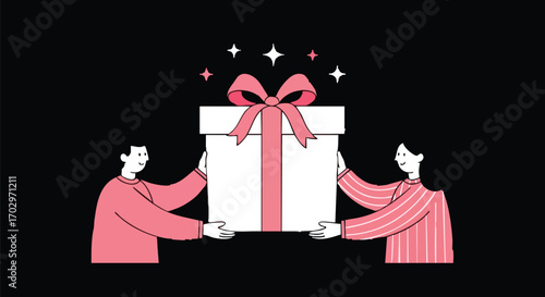 Joyful duo presents a large, beautifully wrapped gift with sparkling stars, celebrating surprise and generosity.