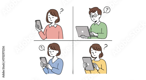 Confused people seeking answers on devices, illustrating digital uncertainty and information overload.