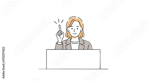 Confident businesswoman sharing a brilliant idea, pointing upwards with a bright smile and insightful gesture.