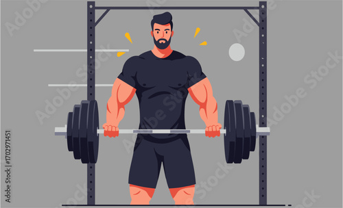 Muscular man with beard lifting heavy barbell in a gym, focused on building strength and achieving fitness goals.
