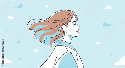 Serene woman with flowing hair finds peace under a gentle, cloud-filled sky