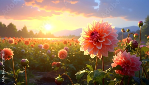 Radiant dawn over a vibrant dahlia field capturing floral beauty