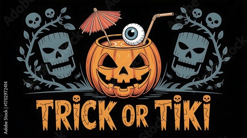 halloween banner jack-o'-lantern turned tiki drink, complete with a mini umbrella, eyeball garnish, and a bamboo straw., Created with generative ai