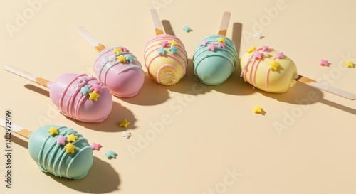 Colorful Ice Cream Pops with Mini Stars on a Soft Yellow Background for Sweet Treat Concept