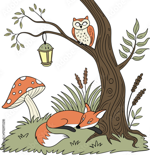 Sleeping fox and owl in forest tree mushroom