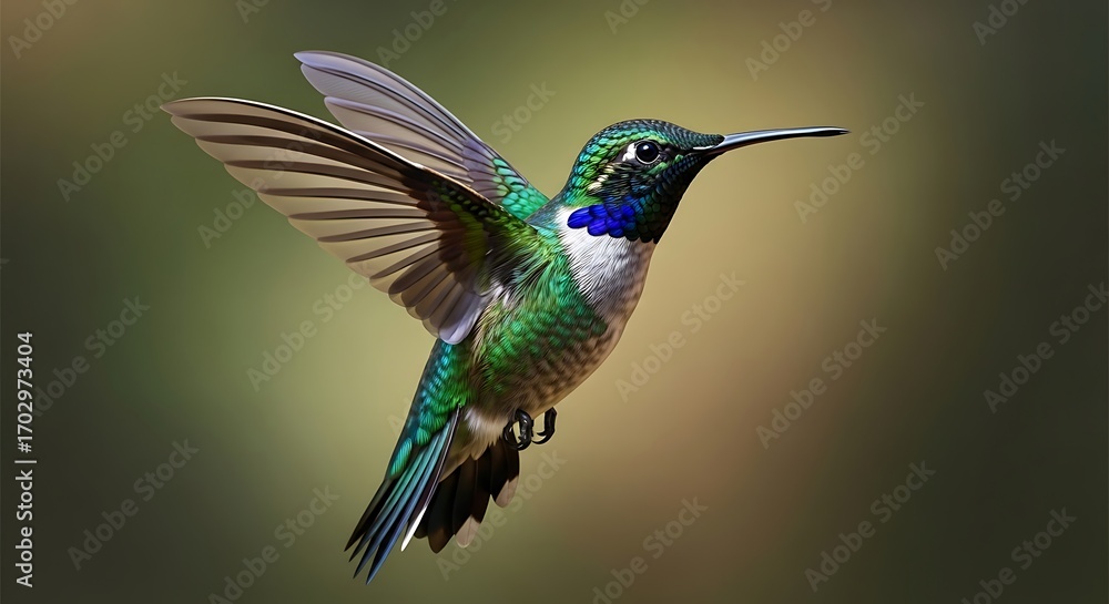 Fototapeta premium Colorful Hummingbird in Flight with Vibrant Green Blue Feathers and Long Beak Against Soft Green Background