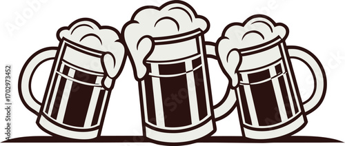 Three frothy beer mugs beverage drink