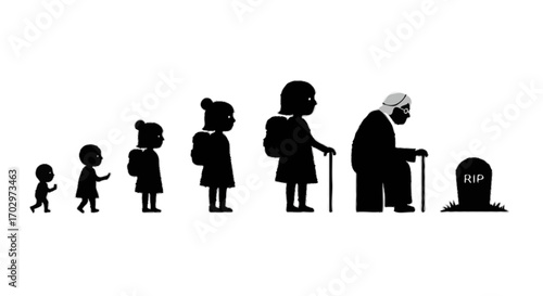 Silhouette of girl life stages childhood youth adulthood old age to grave, vector illustration concept of life and death

