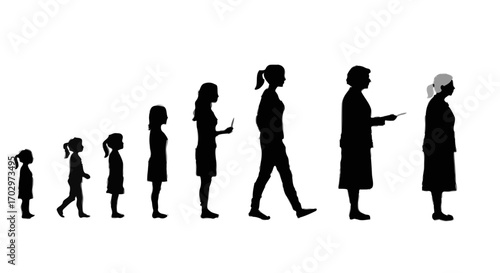 Silhouette of girl life stages childhood youth adulthood old age to grave, vector illustration concept of life and death

