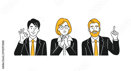 Diverse team collaborates on innovative ideas, one signals success, another ponders solutions.