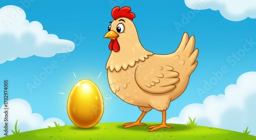 A cheerful cartoon hen stands on a green hill beside her precious golden egg, a concept for wealth, success, and valuable assets