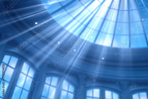 Radiant sunlight streaming through elegant glass ceiling illuminating serene architectural space with ethereal beauty and tranquil ambiance enhancing harmony and inspiration