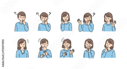 Diverse people express emotions confusion, joy, surprise, and contemplation in simple, clean illustrations