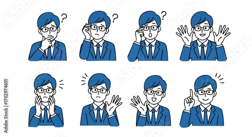 Animated businessman expressions showcase problem solving and success in diverse business scenarios