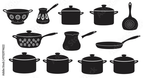Kitchen Utensil Icon Set – Cooking Pots, Pans, Kettle, and Colander Silhouette Vectors