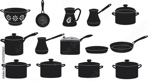 Kitchen Utensil Icon Set – Cooking Pots, Pans, Kettle, and Colander Silhouette Vectors