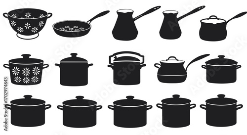 Kitchen Utensil Icon Set – Cooking Pots, Pans, Kettle, and Colander Silhouette Vectors