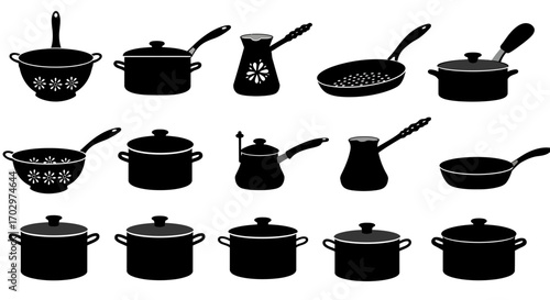 Kitchen Utensil Icon Set – Cooking Pots, Pans, Kettle, and Colander Silhouette Vectors