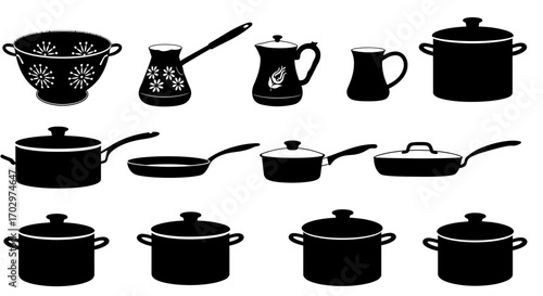 Kitchen Utensil Icon Set – Cooking Pots, Pans, Kettle, and Colander Silhouette Vectors