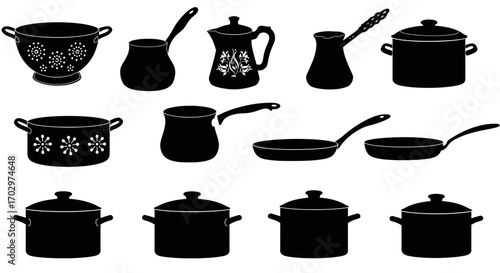 Kitchen Utensil Icon Set – Cooking Pots, Pans, Kettle, and Colander Silhouette Vectors