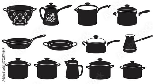 Kitchen Utensil Icon Set – Cooking Pots, Pans, Kettle, and Colander Silhouette Vectors