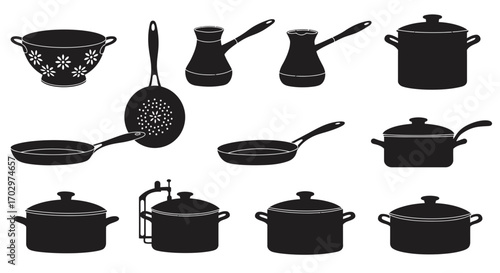 Kitchen Utensil Icon Set – Cooking Pots, Pans, Kettle, and Colander Silhouette Vectors