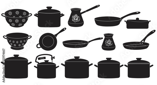 Kitchen Utensil Icon Set – Cooking Pots, Pans, Kettle, and Colander Silhouette Vectors