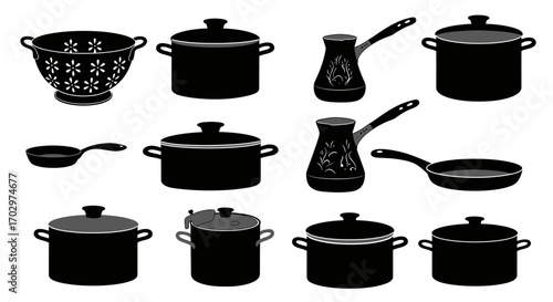 Kitchen Utensil Icon Set – Cooking Pots, Pans, Kettle, and Colander Silhouette Vectors