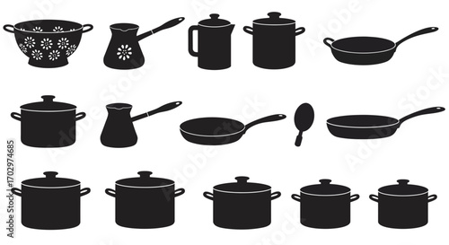 Kitchen Utensil Icon Set – Cooking Pots, Pans, Kettle, and Colander Silhouette Vectors