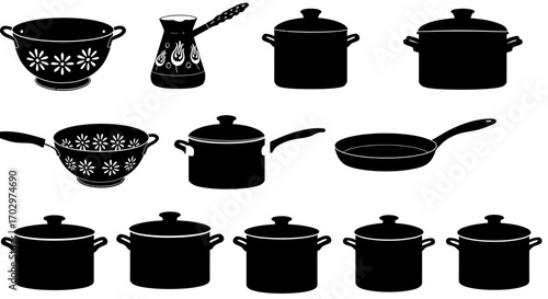 Kitchen Utensil Icon Set – Cooking Pots, Pans, Kettle, and Colander Silhouette Vectors