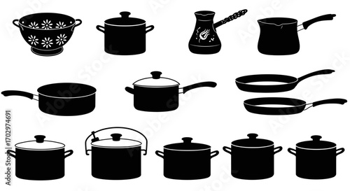 Kitchen Utensil Icon Set – Cooking Pots, Pans, Kettle, and Colander Silhouette Vectors