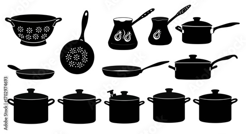 Kitchen Utensil Icon Set – Cooking Pots, Pans, Kettle, and Colander Silhouette Vectors
