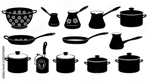 Kitchen Utensil Icon Set – Cooking Pots, Pans, Kettle, and Colander Silhouette Vectors