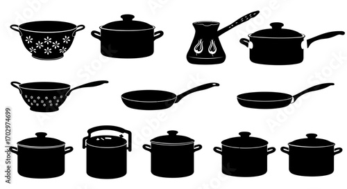 Kitchen Utensil Icon Set – Cooking Pots, Pans, Kettle, and Colander Silhouette Vectors