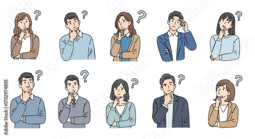Diverse individuals thoughtfully pondering with question marks above their heads, seeking solutions