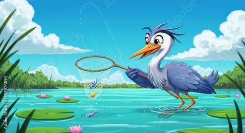 Funny cartoon heron character joyfully catching a small golden fish with a net in a picturesque pond with lily pads