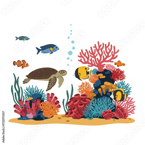 Vibrant flat 2D vector illustrating a bustling colorful coral reef with marine life; clownfish, sea turtles, and angelfish swim among corals and anemones.
