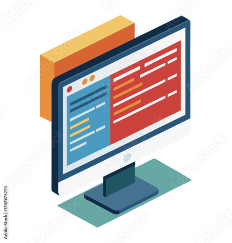 Isometric desktop monitor icon displaying a split-screen with code in blue and red sections, symbolizing programming, web development, or software coding.