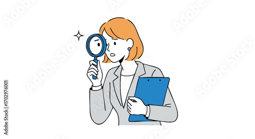 Focused businesswoman examines document with magnifying glass, searching for details diligently.