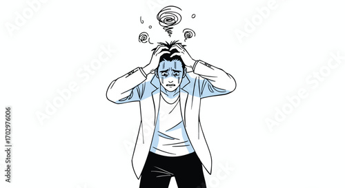 Overwhelmed businessman clutches head in despair, swirling thoughts and stress consuming him