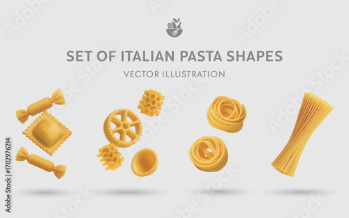 A Set of 3D Vector Pasta Shapes: Spaghetti, Fettuccine, Ruote, Radiatore, Orecchiette, Ravioli, Caramelle