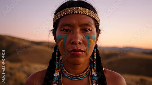 Honoring heritage and ancestral pride, a powerful portrait of a native woman celebrating Indigenous Peoples’ Day