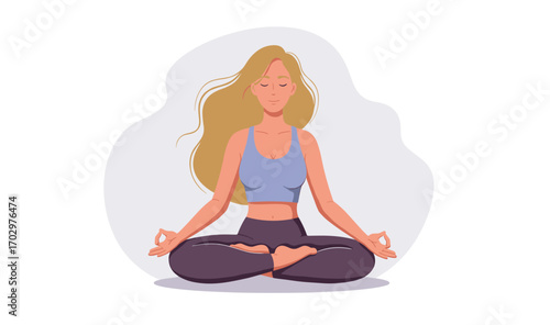 An illustrated woman with flowing blonde hair sits in a meditative lotus position, practicing yoga, promoting relaxation and mindfulness for well-being.