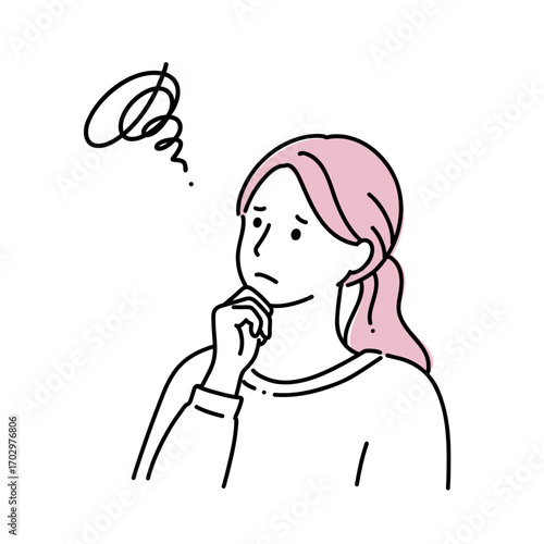 シンプル線画　顎に手をあてて困っている女性