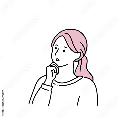 シンプル線画　顎に手をあてている女性　考える