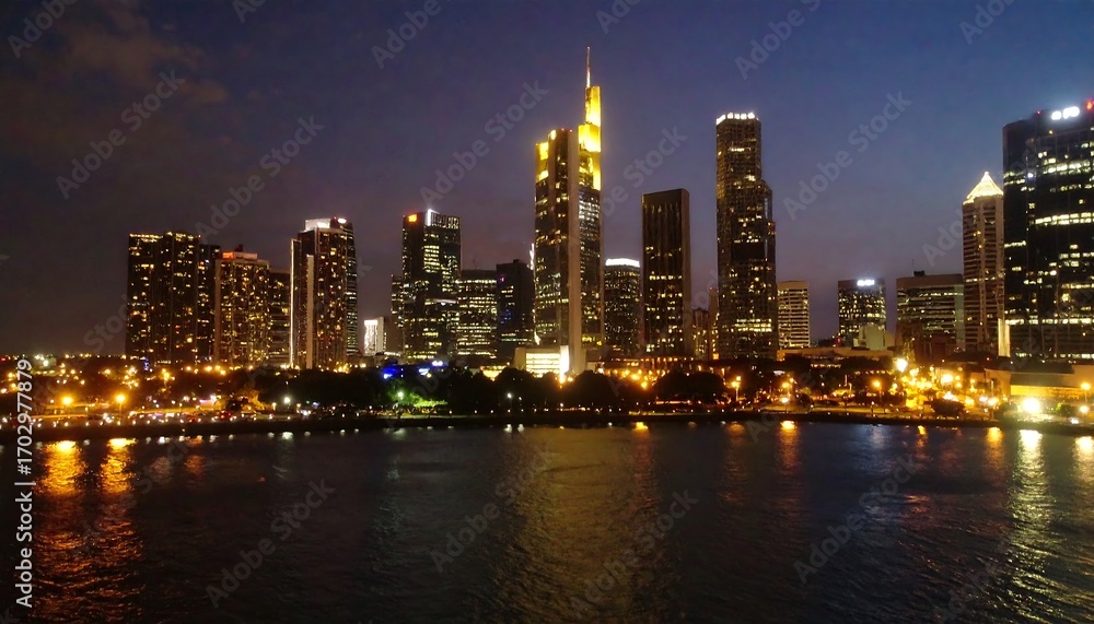 Fototapeta premium Night cityscape skyline reflecting on water