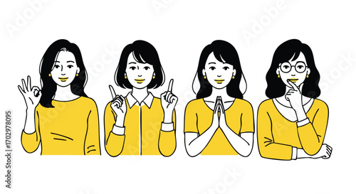 Four women express different emotions and gestures, conveying ideas and decisions professionally