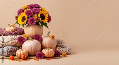 Autumn Decor with Pumpkins and Colorful Flowers on Cozy Knit Blankets for Seasonal Celebration