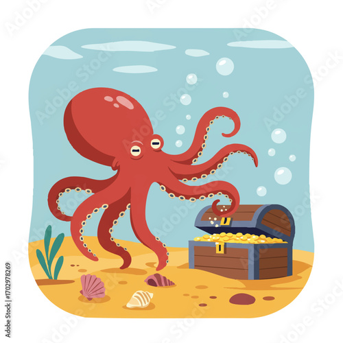 A curious octopus in vibrant 2D flat vector art explores a golden sunken treasure chest on the clean ocean floor, surrounded by whimsical bubbles and scattered seashells.