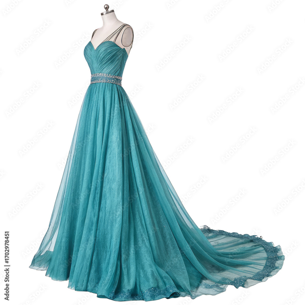 Obraz premium Watercolor Elegant Teal Gown with Beaded Waistband and Train